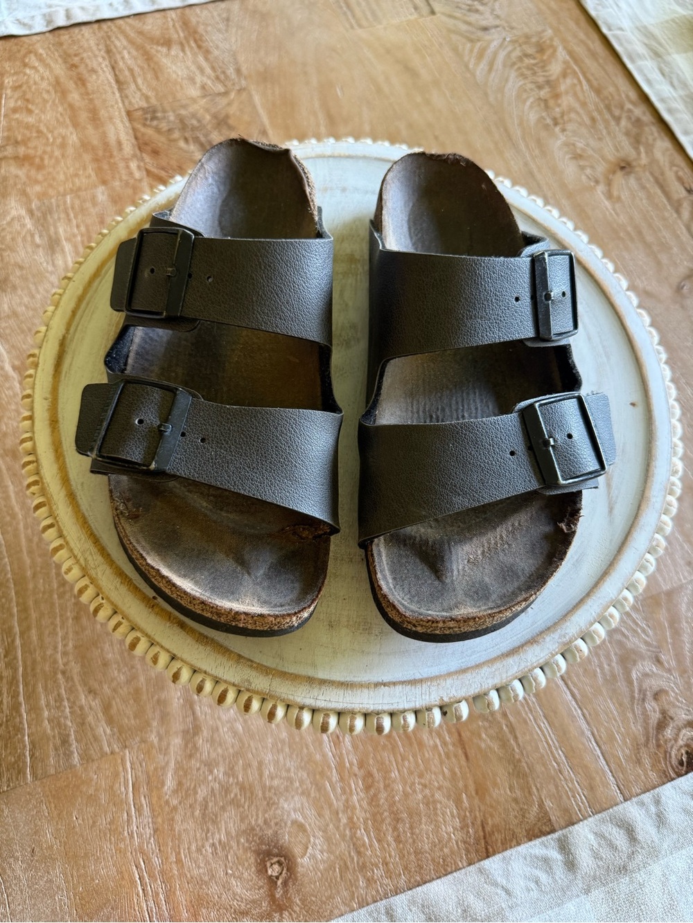 Birkenstocks Classic Double Buckle Slide Sandals in Dark Brown
